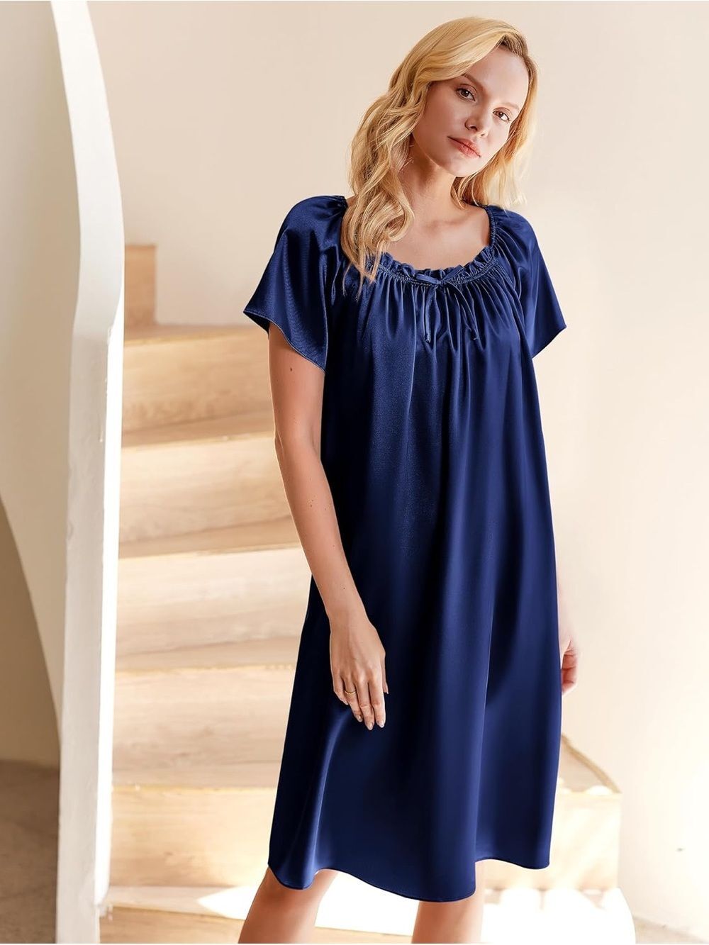 Ekouaer Navy Satin Nightgown Slip Dress Size Medium